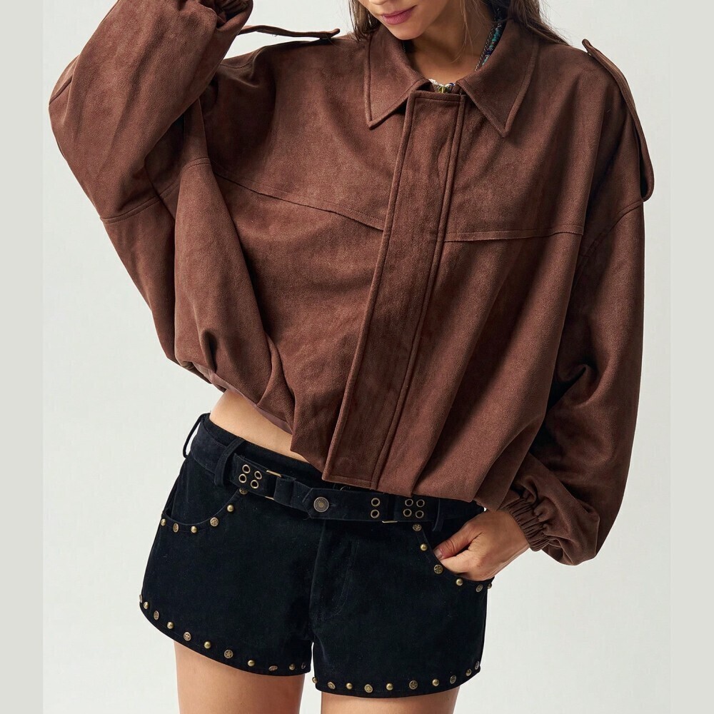 Brown Faux Suede Collared Oversized Cropped Blouson Aviator Bomber Jacket